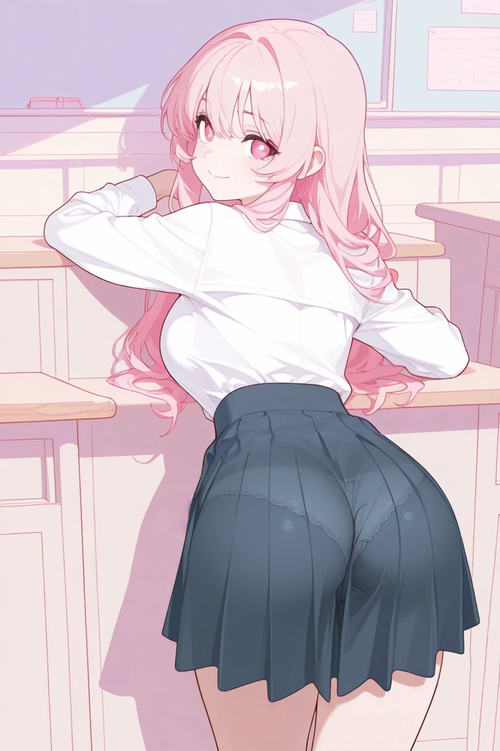 women,blonde hair,green eyes,(hand on own ass:1.2),plaid skirt,(embarrassed:1.4),(blush:1.5),panty shot,from below,ass focus,(steam:1.3),(women trembling:1.6)