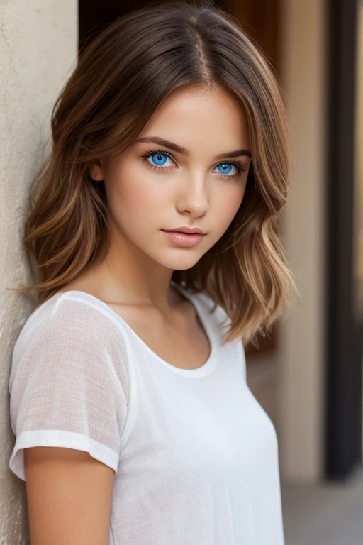 fille de 20 ans, DEBOUT brunette, yeux noisettes, , vêtements amples, , intérieur, Les cheveux en désordre, photos dans une maison éclairée photo prises de loin pour voir le corps en entier