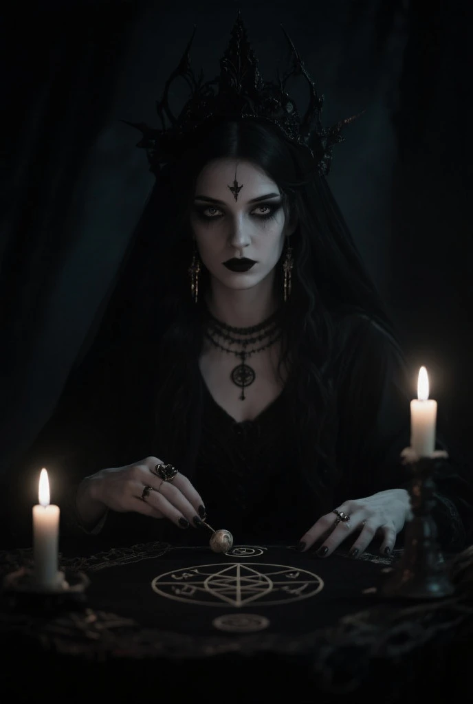 (highest quality,4k,ultra-detailed,realistic:1.2),a girl with a mysterious appearance,gothic portrait,(raven),intense gaze,pale skin,long black hair flowing in the wind,dark and haunting atmosphere,tarot card motif,fortune teller's table,crystal ball,candles flickering in the dim light,skull and pentagram decorations,occult symbols,foggy mist surrounding the girl,dramatic lighting,emerald green eyes,piercing stare,strange tattoos on her arms,black lace dress,ornate jewelry,feathers and beads in her hair,graveyard setting,moonlit night,ominous clouds,spooky ambience,raven feathers scattered on the ground,hauntingly beautiful.