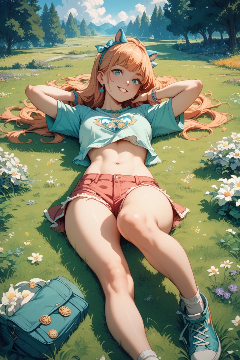 ​masterpiece, 1girl ((20year old, tank top exposes navel, blue Jean shorts, sneakers, medium breasts, multicolor pink hair, twin ponytails, green eyes, flirting, happy, big smile, looking forward, headphones, standing in the middleof a dirt road with mountains and trees in the background, fall season, natural and relaxing atmosphere)) ((solo)) ((low camera angle))
