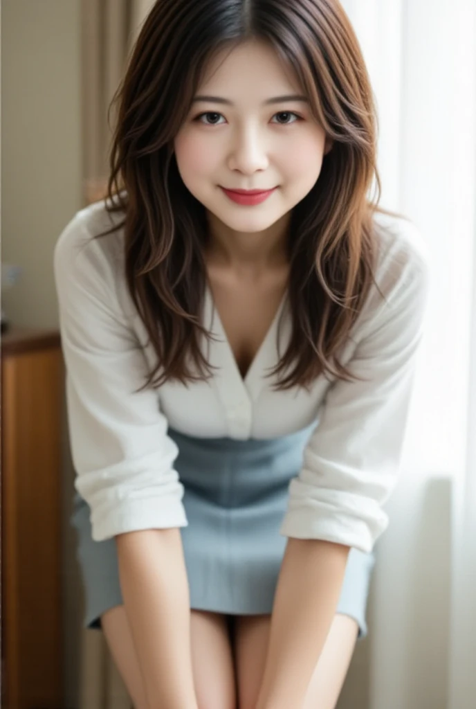 ulzzang-6500-v1.1, (RAW photo:1.2), (realistic), beautiful detailed girl, (genuine: 1.4), (()), muste piece, highest quality, beautiful girl, amazing beauty、curly hair, long hair, purple eyes, strapless blouse, long skirt, ( super realistic pantyhose:1.3),  smile of shame, Sitting on the windowsill、Full body Esbian、date, huge file size, High resolution, very detailed, highest quality, [masterpiece:1.6], enlightenment, very detailed, finely, highest quality, 8k wallpaper, movie lighting, 1 girl, 26 years old, perfect body shape, cute droopy eyes、beautiful big eyes、highest quality, 1 girl, (full body shot:1.2)、