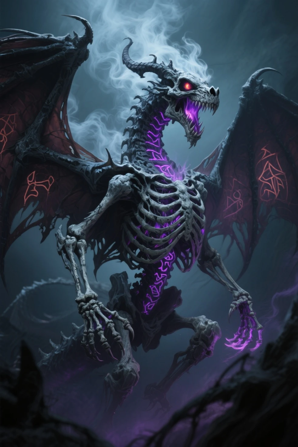 An iridescent-scales skeleton dragon with three pairs of wings