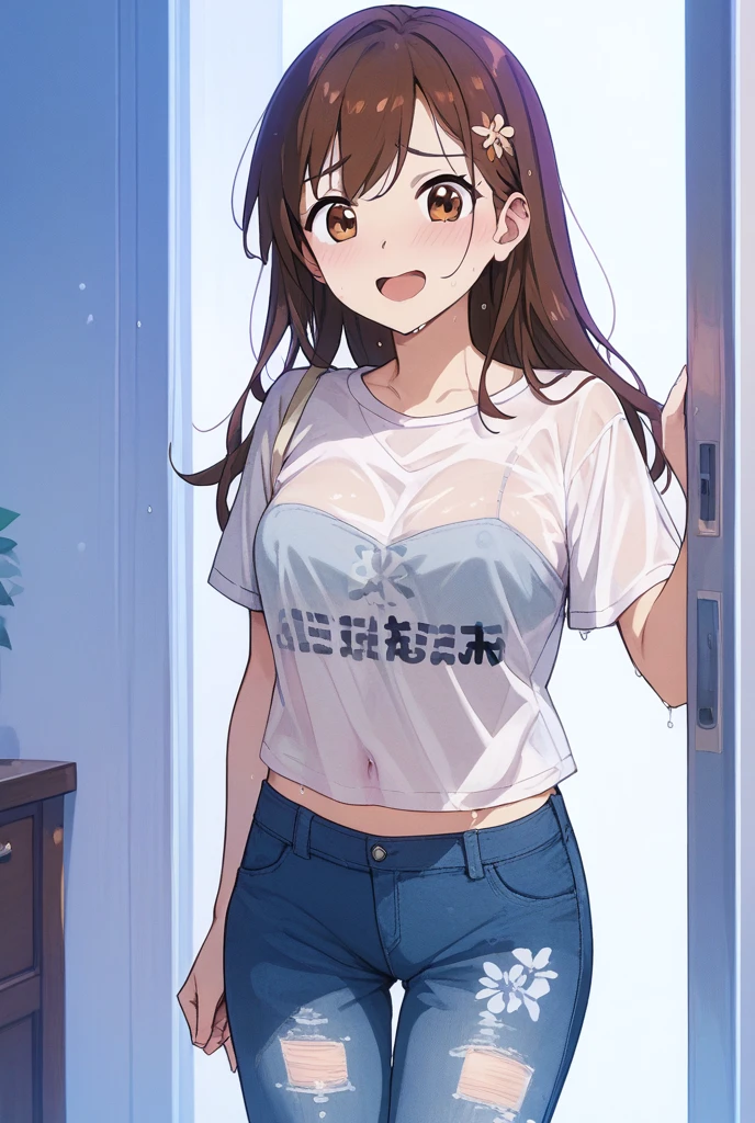 nozomitoujou, nozomi toujou, green eyes, brown hair, curly hair, large breasts, masterpiece, best quality, high resolution, beautiful detailed eyes, extremely detailed face, good lighting, detailed CG, messy hair, worried, t-shirt, (white fishnets), full body, standing