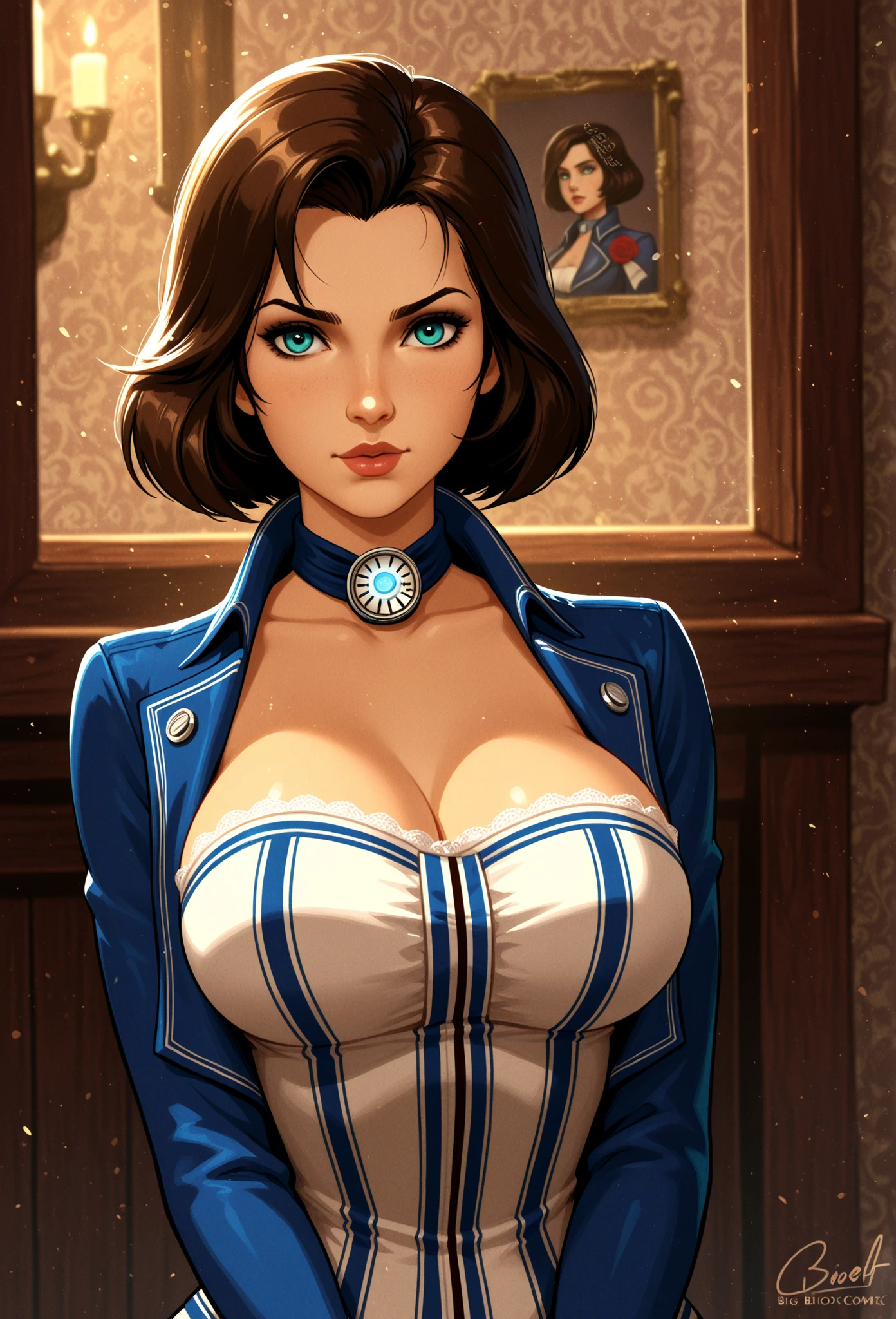 masterpiece, highres, best quality, library, ultra-detailed, perfect lighting, adult, mature, female, 1girl, looking at viewer, middle finger, fuck you,, upper body, <lora:POSE-MiddleFinger:1.1>, <lora:CHAR-Elizabeth:0.5>, elizabeth_bioshock, blue jacket, white corset, cleavage,