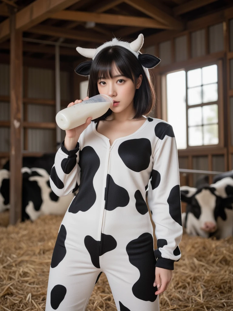 Masterpiece, bokeh, 4K, Beautiful high school girl, (Japanese idle:1.6), (cow pattern sweater:1.3), (Cat ears:1.3), (Big cows:1.6), sundown classroom,