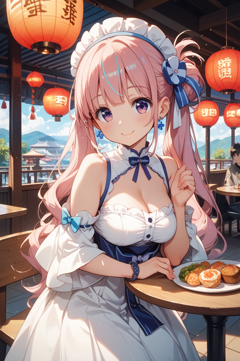 no shoe，Stand barefoot，On the table，The girl  very tall，der riese，Huge maiden，in city，Limbs intact，The face  delicate，White double ponytail，White eyes，White Lolita，Shoot from a distance，White stockings，There are cat ears on the head, Rob Branch， Cute big breasts，Chopstick legs，Slender calves，Slender calves，large quantity