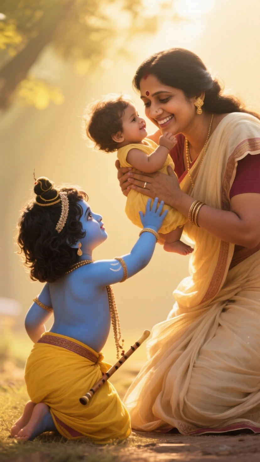 Create blue baby krishna being hugged by his mother yashoda and villagers celebrating around.