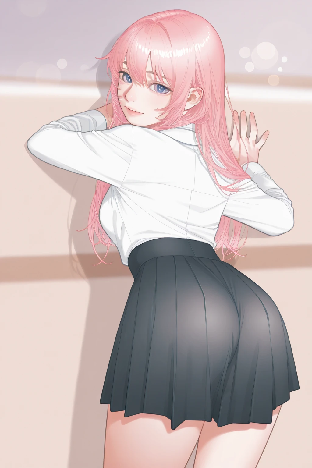 (8K, RAW photo, highest quality, masterpiece: 1.2), High-definition RAW color photo, professional photography, cinematic light, alone, (((young woman, gal))), (Sharp features), (small face), (high detail skin: 1.2), clavicle, cute face, beautiful appearance, long eyelashes, (( pink hair, cute hairstyle, inner colored hair)), slender body, ((shy smile)), blush all over the face, school uniform, collared shirt, blazer, long sleeve, black pleated skirt, (((with your back turned, crawl on all fours, Split sitting, buttを向けて おしりを差し出します:1.9))), butt, butt:1.9, buttを見る, Close-up shot of buttocks, sex from behind, looking back,