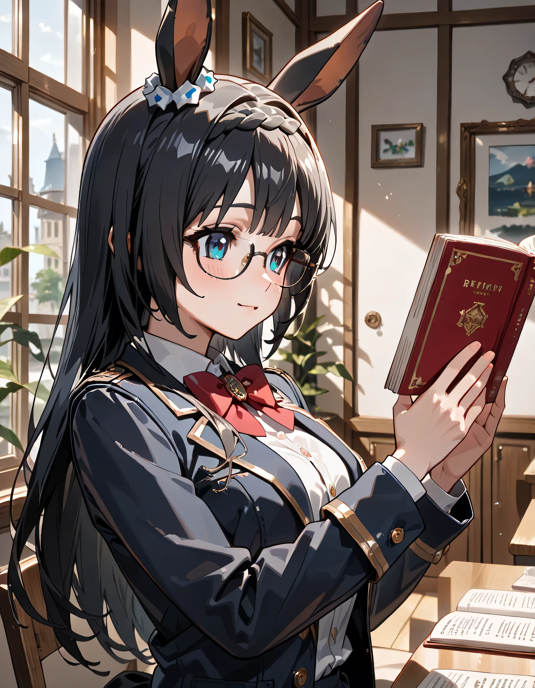 ((ultra-detailed)), (highly detailed CG illustration), (best quality:1.2), ultra-highly detailed, colorful composition, artistic photoshoot, 1girl, solo focus, (upper body:1.4), moe anime character, girl, dainty facial structure, baby face, round face, rounded chin:1.2, ideal ratio body proportions, Zenno Rob Roy, (umamusume), ample breast, Zenno, glasses, black-rimmed glasses, dark hair, blue eyes, horse ears, horse girl, brai, school uniform, navy blue blazer, modern style with fitted jacket, red neck bow, long sleeves white frilled shirt, navy blue pleated skirt, smile:1.3, happy:1.3, joyful:1.3, sit on the cafe terrace:1.3, reading a novel:1.3, from side, dynamic pose, contrapposto pose, best quality, masterpiece, expecting, pink cheek, blush, light pink gloss slip, portrait, depth of field, poured sunlight, sidelighting, shine, lighting, caustics, ray tracing, perfect face, lustrous skin, highly detailed face, highly detailed eyes, perfect face, perfect nose, perfect hair, perfect eyes, perfect anatomy, beautiful hair, beautiful small face, extremely detailed face, beautiful detailed eyes, beautiful clavicle, beautiful body, beautiful ample breasts, leavage, breasts squeezed together, equalize the size of the left and right breasts, beautiful thin thighs, beautiful legs, beautiful fingers, 4 fingers, 1 thumb, lovely, (very detailed background:1.0), (highly detailed background:1.0), intricate details, joyful atmosphere, colorful and sparkling colors palette, chromatic aberration