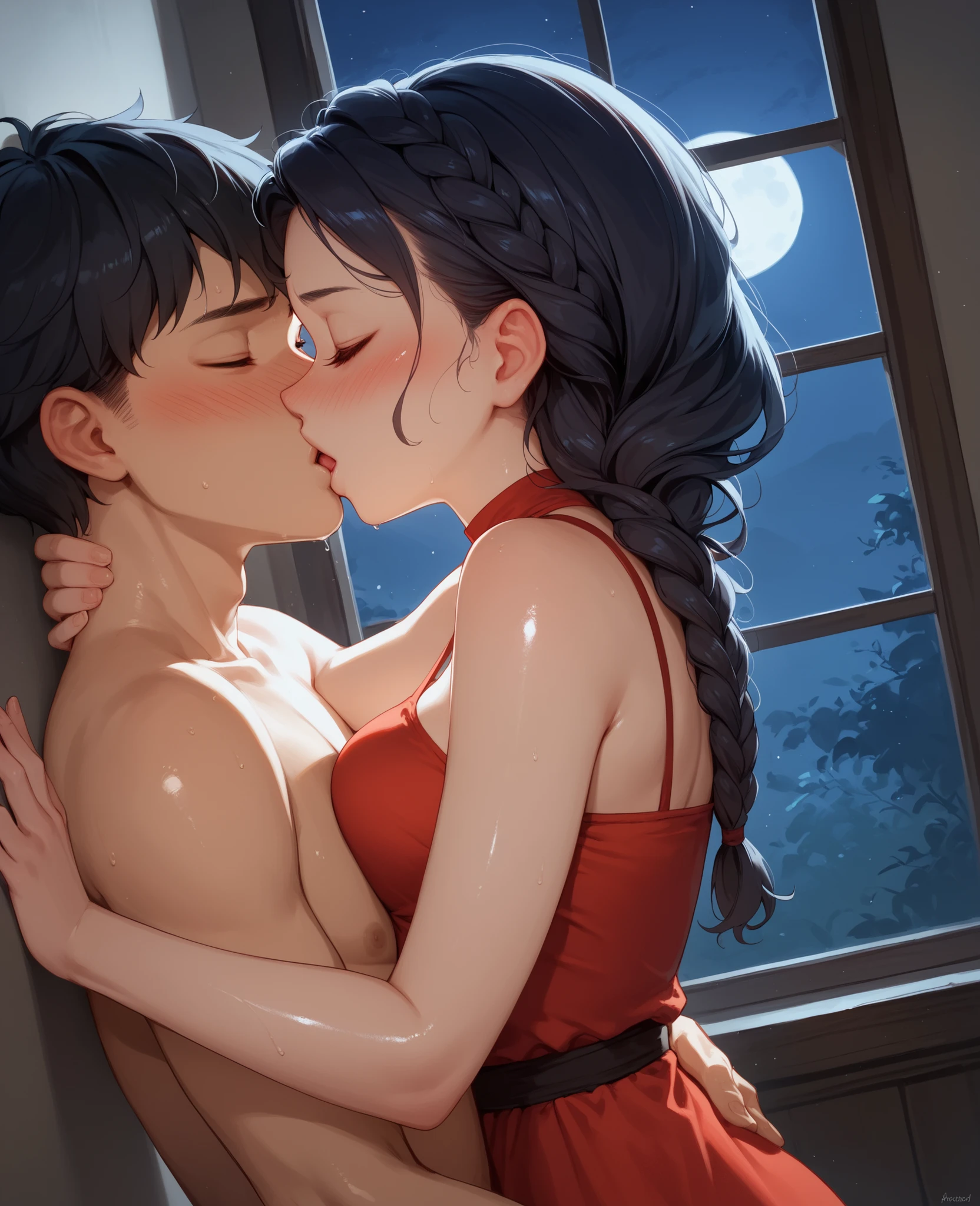 score_9, score_8_up, score_7_up, 1woman, solo, hair, closed eyes, white milky porcelain skin, white-skinned female, black hair braided, lovely medium breasts, perfect body, red maxi dress, sweat, female organism, open mouth, looking at viewer, head tilt, nose blush, blush, indoor, bedroom, night time, late night, shiny skin, against wall, standing , upper body, 1girl, 1boy (faceless, face on girl's face,
intense kiss, deep kiss, kiss ), hug. Dutch angle.