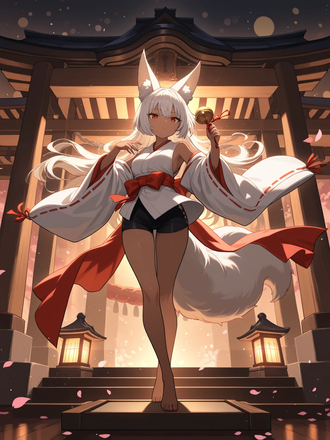 score_9, score_8_up, score_7_up, score_6_up, <lora:DPOXL:1> <lora:banpai akiraXL_JS2_lokr_V12:1>1girl, solo, animal ears, stairs, tail, long hair, looking back, white hair, fox tail, fox ears, tree, shrine, japanese clothes, looking at viewer, thighhighs