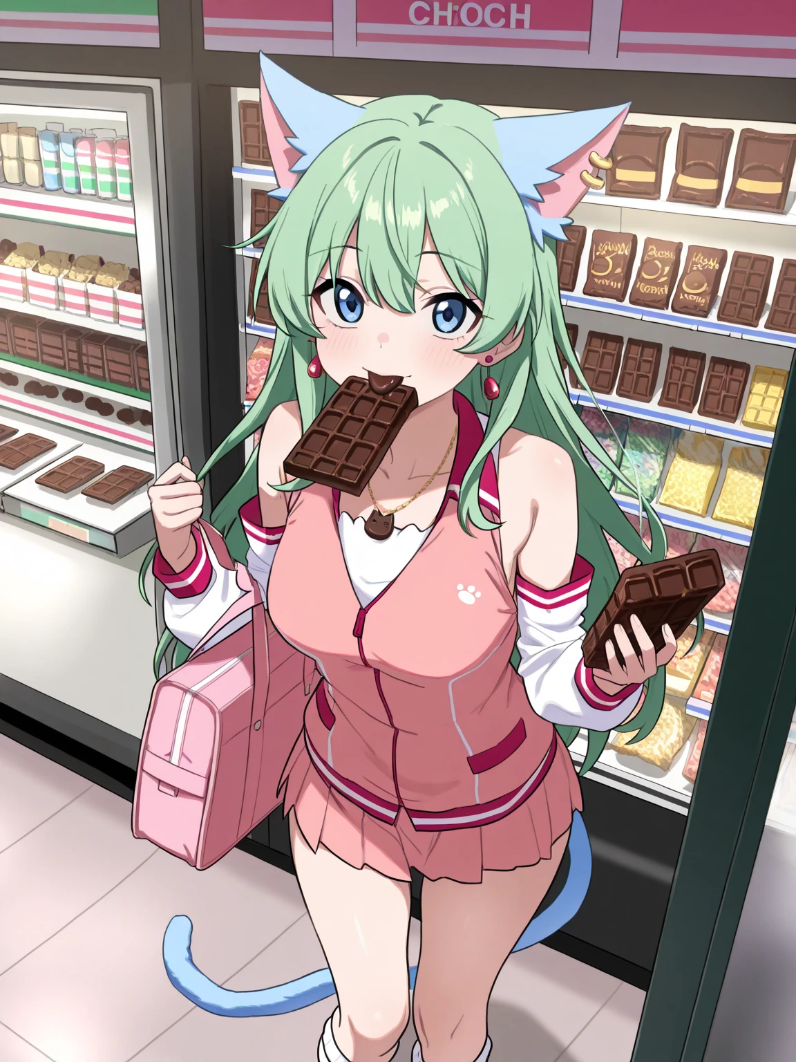 1 girl, Deltamon_beta, one person in, blue eyes, knee high, animal ears, bare shoulders, blue tail, earrings, removable sleeve, green hair, No sleeve, Cat ear, bag, white knee high, cat tail, pink backpack, pink school bag,
BREAK A young woman is holding a big candy bar in her mouth at a candy-themed amusement park. She holds big candy bar in her mouth while sticking out her tongue. She is drooling. BREAK A young woman holding (big candy bar:1.3) in (A candy-themed late-night convenience store:1.3).