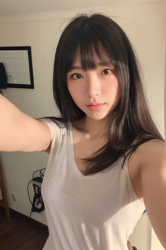 Selfie of busty, long-haired woman in short-sleeved clothing