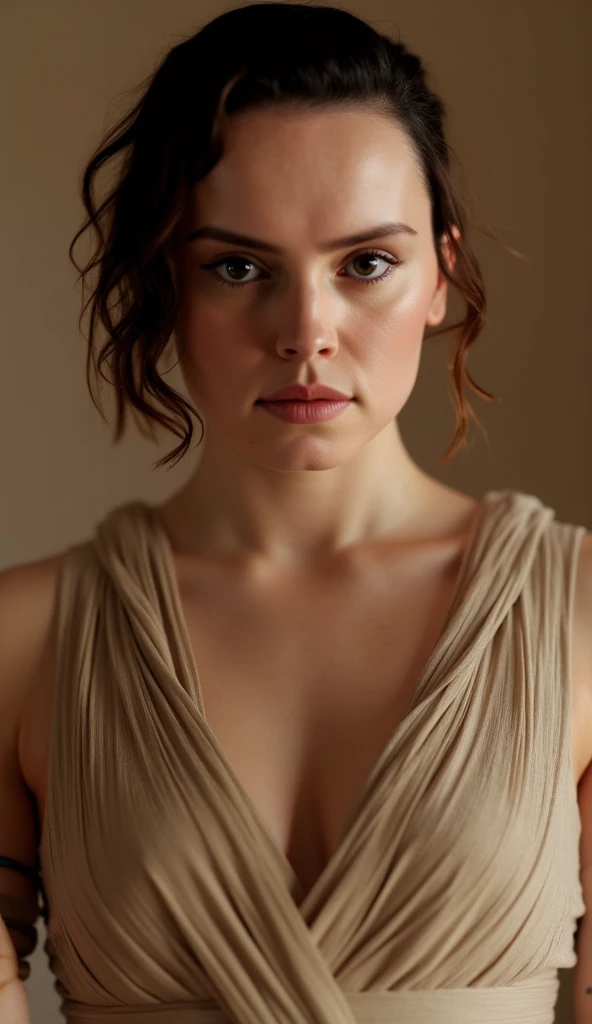 Elizabeth Henstridge with short brown hair, sad expression, wearing a white dress, thin body, detailed face, detailed eyes, detailed lips, detailed skin, beautiful detailed portrait, intricate details, high quality, photorealistic, portrait, realistic, cinematic lighting, dramatic lighting, warm tones, intricate details, masterpiece