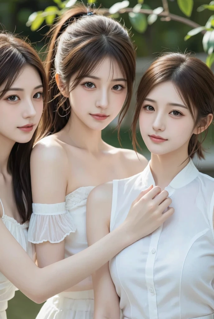 ((masterpiece: 1.4, best quality))+,(ultra detail)+, official art, unity 8k wallpaper, ultra detail, beautiful, high quality, Highlight your cute face, masterpiece, best quality, semi straight medium length hair, (((outdoor ring:1.3))), (both completely naked:1.5)), (((bust:1.5))), High exposure, skinny body,masterpiece, high quality, 8 thousand, natural light, no. No. 1 girl group idol in Korea, ((vivid:1.5)), ((brown eyes, light brown hair:1.3)), (Small and round breasts:1.3), ((colorful earrings, white neck choker, white short lace gloves)), 18 years old, small face, looking at viewer, (hairpin with larger ribbon:1.4),(skinny abs:1.1), (They look at each other and look very happy :1.5), ((Both cheeks turn red)), Accurately distinguishes between the bodies and limbs of two people.:1.5, (sparkling eyes, beautiful 가슴묘사, small nipples:1.5)