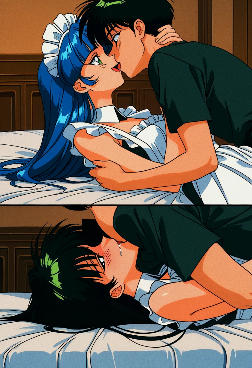 NSFW, masterpiece, (best quality: 1.2), long hair, blue eyes, green hair, worns, big breasts, evil_smile, sexy, ((nurse)), red lipstick, fishnet stocking, cum shot, ((woman in doggy style having sex with boy, vaginal, side view))