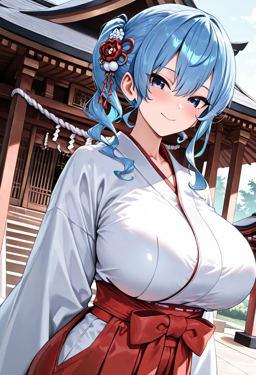 1 girl, game cg, miko, shoulders visible, short hakama skirt, gigantic breasts, light blue hair, middle hair, two side up, blue eyes, smile, dynamic, Japanese shrines,