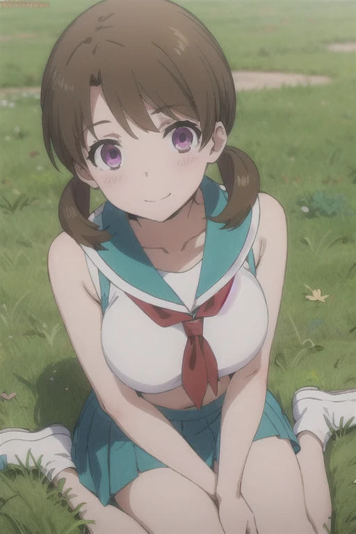 creates a 22-year-old anime girl sitting on the ground with her arms and hands touching her knees wearing a short green skirt and a low-cut white blouse with wide hips and large breasts in a park landscape