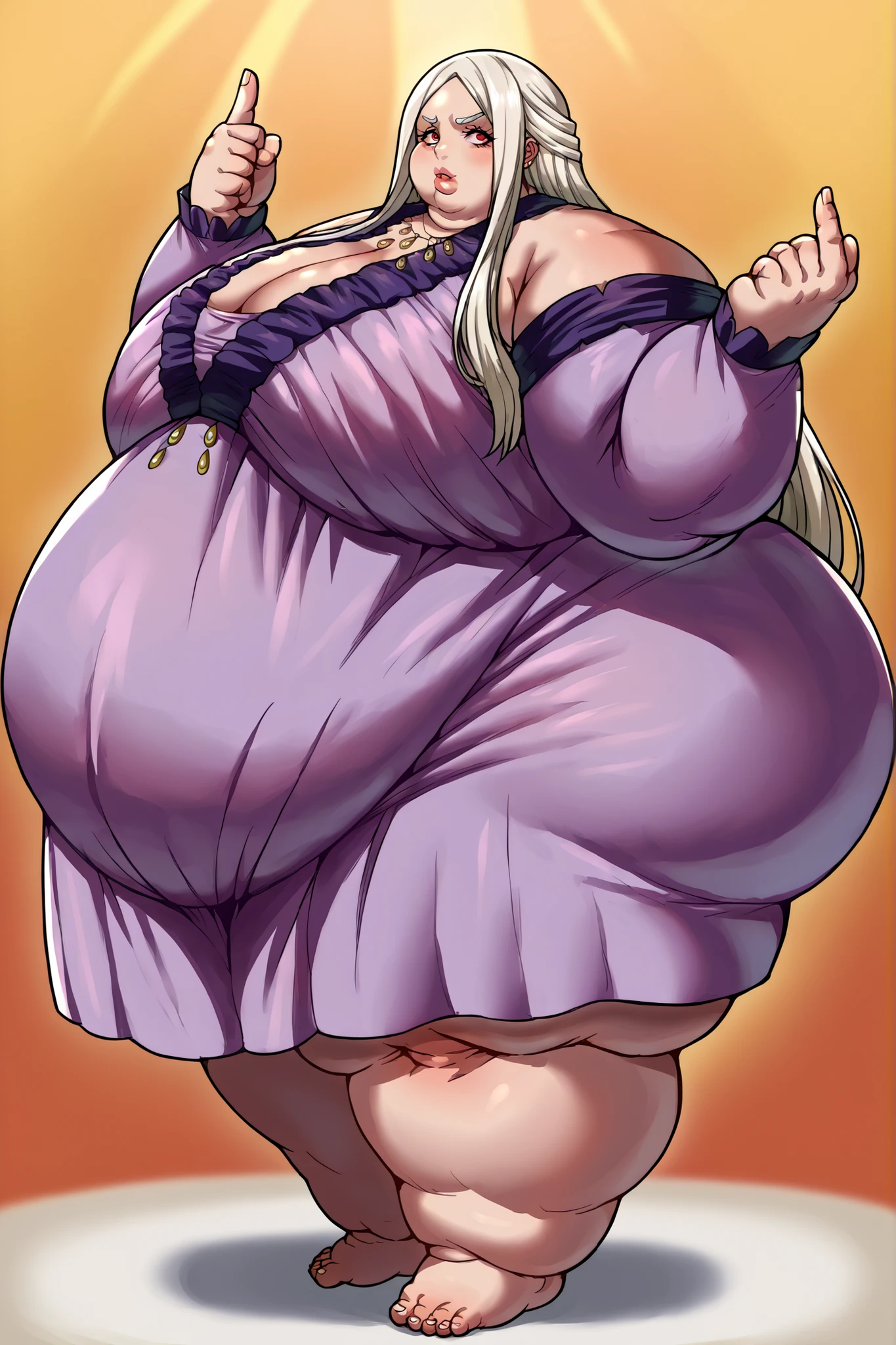 score_9, score_8_up, score_7_up, source_anime, leonoranakiri, leonora nakiri, long hair, red eyes, white hair, pale skin, forehead, dress, cleavage, bare shoulders, jewelry, necklace, purple dress, giant hands, giant feet, fat, chubby, obese, gigantic arms and legs, gigantic breasts, sagging breasts, full body shot, fat face, chubby face, double chins, big lips, fat hands, fat finger's, chubby hands, chubby fingers, big ass, big butt, side view 