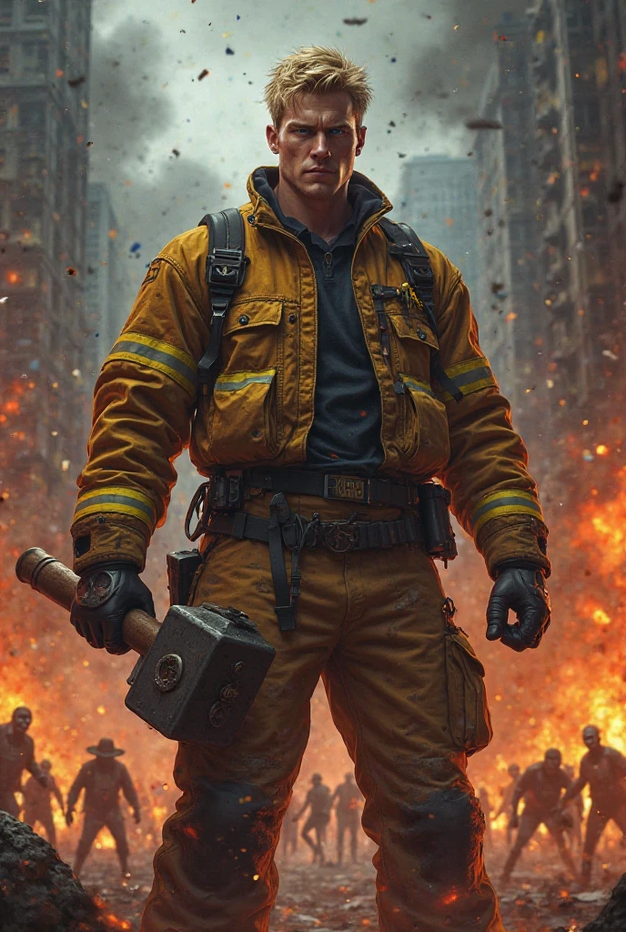 <lora:ultimaMics:1> (attractive firefighter) young woman, brazilian, brown eyes, tan skin, tan skin, brown eyes, busty build, brown hair,  wearing Reflective jacket with attached harness, cargo pants with reinforced knees, firefighter helmet, steel-toed boots, portable radio, set in City Street, Frantic atmosphere with abandoned bicycles strewn across the pavement, flaming trash cans casting eerie shadows, charred remnants of street vendors' carts, flickering streetlights illuminating the chaos, and the distant wail of sirens
