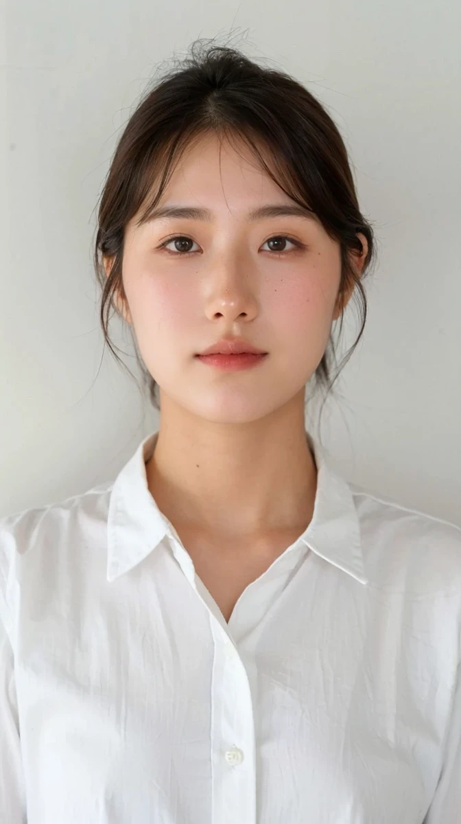 (best quality), photo realistic, 8k, Masterpiece, Portrait: 1.3, photo realistic, hyper realistic, Sharp Focus, looking at viewer,  light on face, real texture skin, detailed eyes, detailed face,(Keep your hairstyle the same), cinematic lighting, 8k, UHD, retina, masterpiece, accurate, anatomically correct, textured skin, 28 year old Korean woman, (yeiiow formal_shirt:1.4)