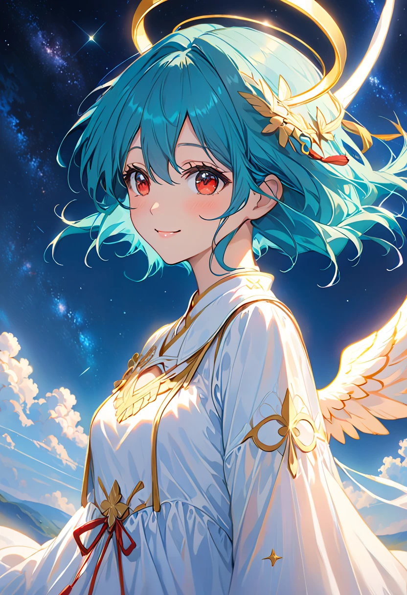masterpiece, highest quality, hatsune miku, white gown, Angel, Angel wings, Golden halo, dark background, Upper body, (closed mouth:1.2), looking at the viewer, turn your arms behind your back, blue theme, performer, starry night, facial,