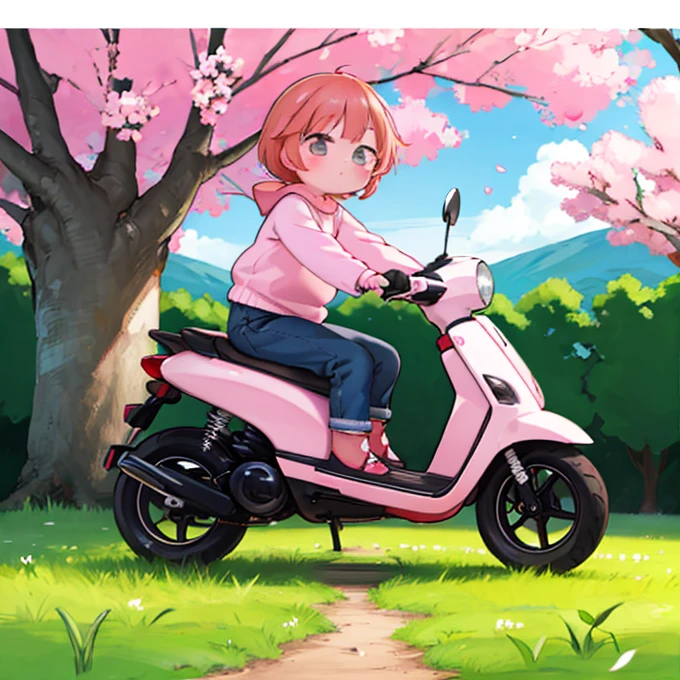 best quality, girl riding scooter, helmet