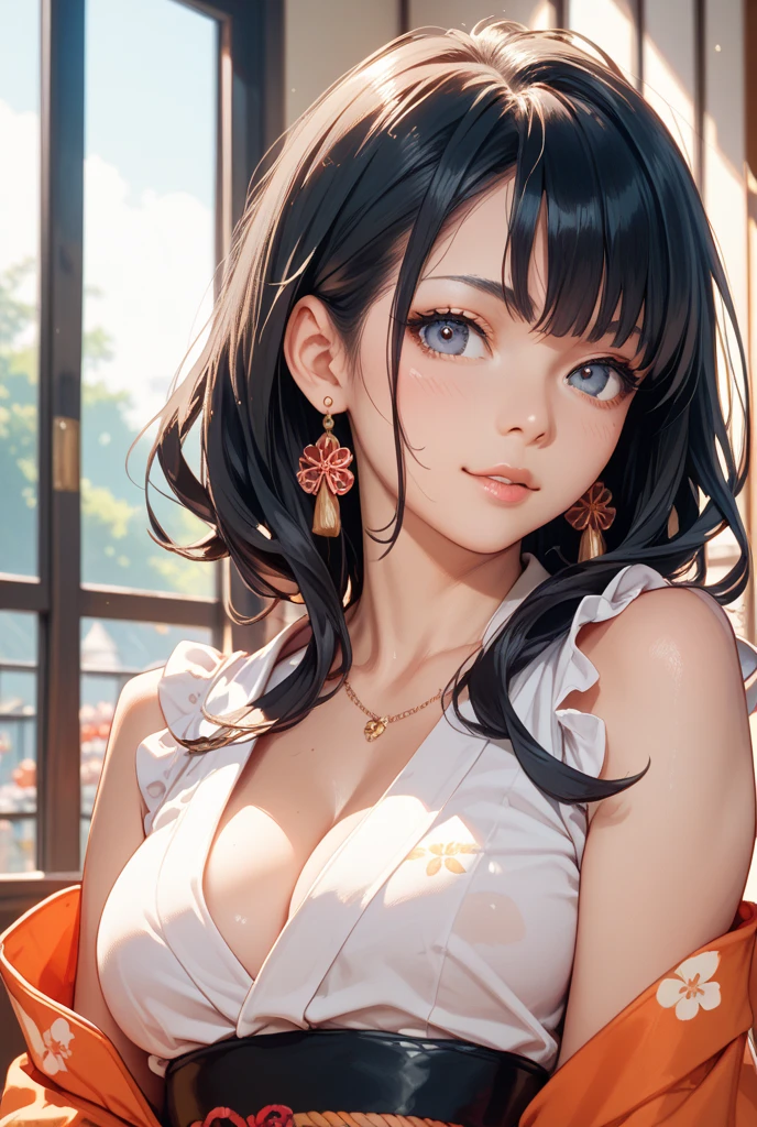 Beautiful Asian woman with a flirting smile, Wearing golden lace Hanfu, Drop your shoulders, plump breasts, seductive cleavage, golden eyes, Focus on the audience, state's, split, HD, UHD, Wallop, artistic sprout, long braid hairstyle, anime big eyes, realistic eyes, Very detailed目, natural skin, natural skin texture, Scattered under the surface, calm colors, skin pores, perfect face, perfect eyes, perfect lips, Soft female form, outstanding, cinematic, Cinema lights, Very detailed, surreal, masterpiece, in the atmosphere, High resolution, Lively, high contrast, Vignetting, 8K, HDR, 500 pixels, Look from above, bust