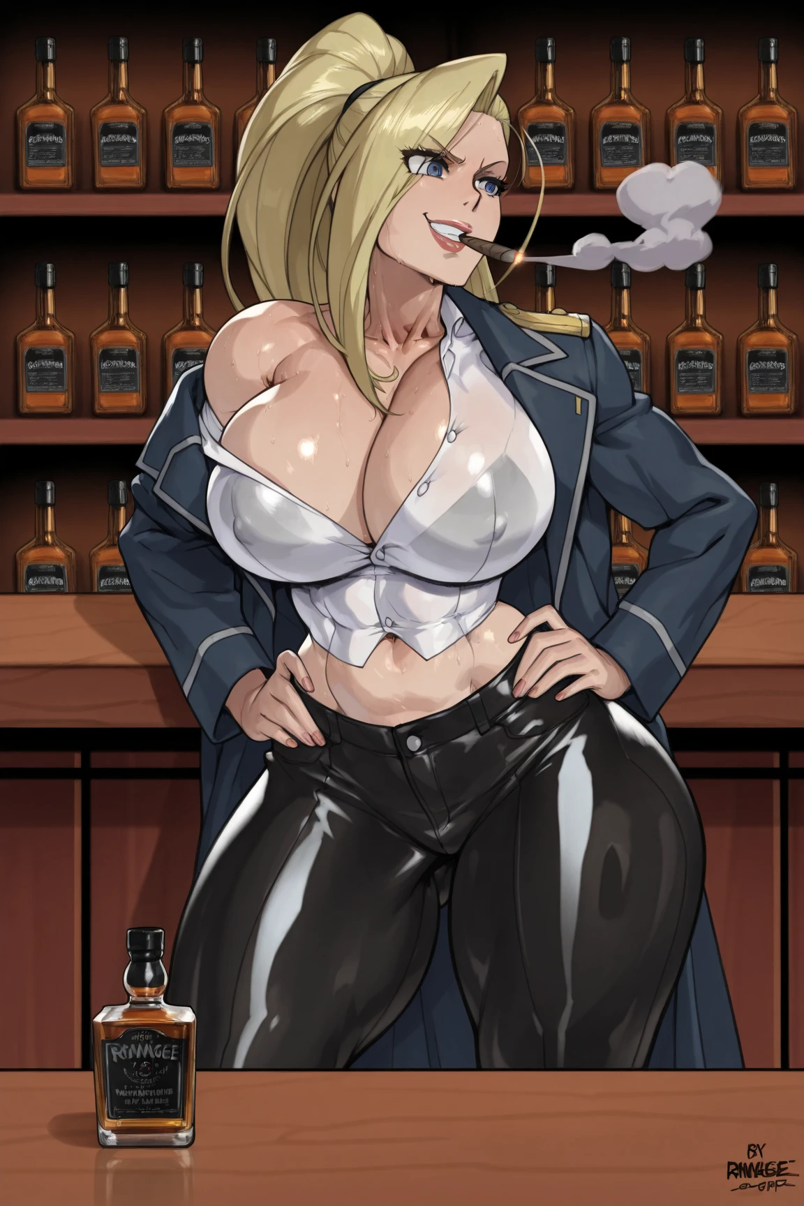 blonde hair,blue eyes,Long hair,lipstick,
blush, lipstick, jewelry, earrings, Hot girl, baddie, mean girl, sensual, attractive, bar background, inside bar, indoor, masterpiece, best quality, highly detailed, a girls with a gun, evil smile , open mouth, sexy gaze, badass
pose , evil smile, smile, (nsfw) not safe for work, guns blazing, anime girl with long hair, beautiful long
haired girl, navel, evil expression, exposed belly, exposed navel, exposed midriff, exposed lower belly,
long black pants, crop top, cleavage, unbuttoned leather pants ,open fly, low rise black leather pants,
leather jacket, holding a gun, holding pistol, navel piercing