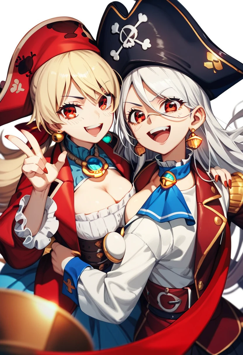 2girls,american_flag,american_flag_dress,american_flag_legwear,american_flag_print,belt,black_cape,blonde_hair,blue_eyes,cape,hat,jester_cap,long_hair,looking_at_viewer,mask,multiple_girls,neck_ruff,open_mouth,smile,star_(symbol),star_hair_ornament,star_print,striped,striped_legwear,superhero,thighhighs,wand,clownpiece