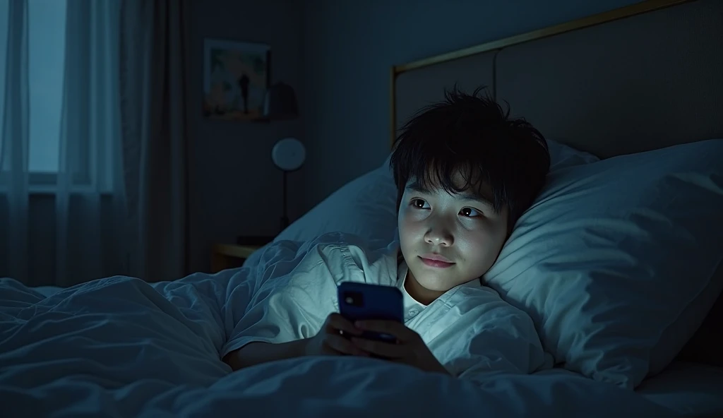 Night at home in bed boy playing with mobile phone --auto