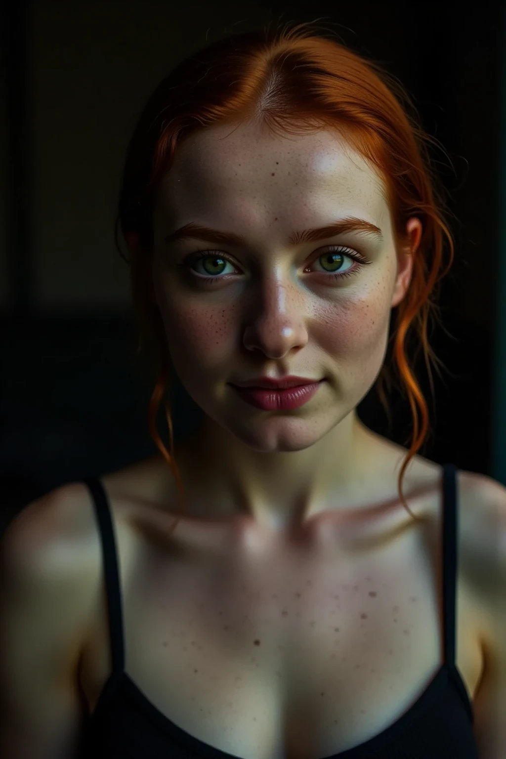 raw photo in UHD RAW format, (taking selfies, aerial view: 1,4), (straight half of the torso: 1,0). A 20 year old girl with a bun, natural red hair and blue eyes, parted lips. [ black gown ] [ hyper-realistic texture ], [ hyper-realistic skin texture ], smoky background, low lighting. fine-details, olhos e rosto extremamente symmetrical, extremely detailed, symmetrical, sharp piercing eyes.
