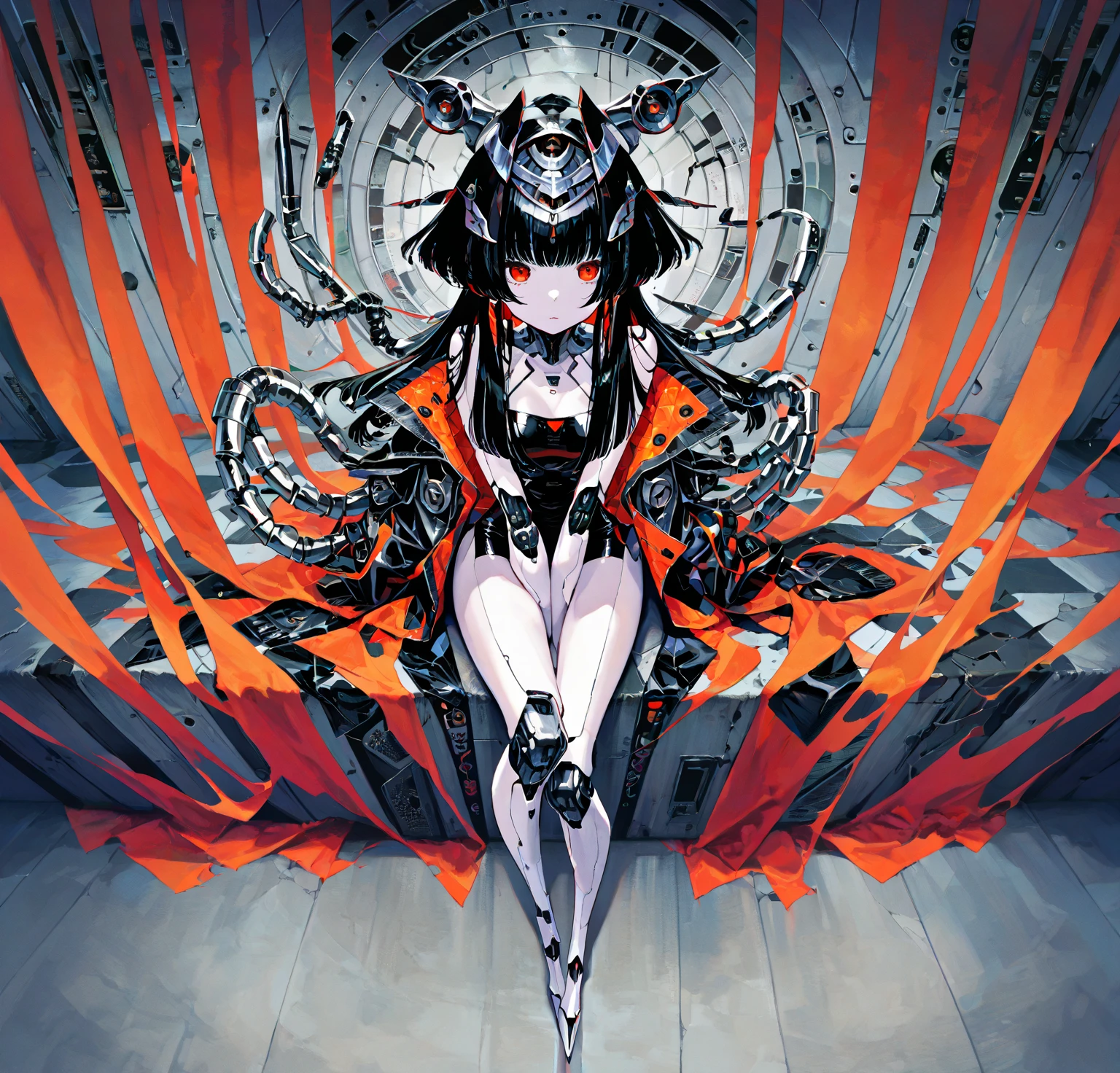 masterpiece,best quality, (white background:1.5) 1girl, far shot, full body, red dress, official alternate costume, sleeveless, horns, black shorts, chinese clothes, dragon, china dress, dragon horns, eastern dragon, bare shoulders, bare arms, sidelocks, short shorts, thigh strap, thighs, <lora:GachaGachaV1:0.6>, sitting, clear face,