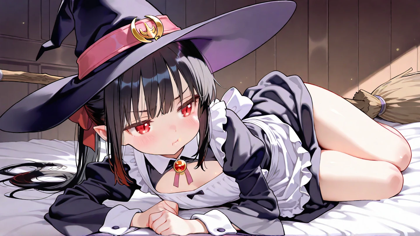nsfw, {masterpiece}, nice hands, perfect hands, 1girl, hentai, black and orange witch hat, black short hair, straight hair, orange eyes, nude, big boobs, big ass, wet body, standind, open legs, pussy, open pussy, squatting from behind, bedroom background