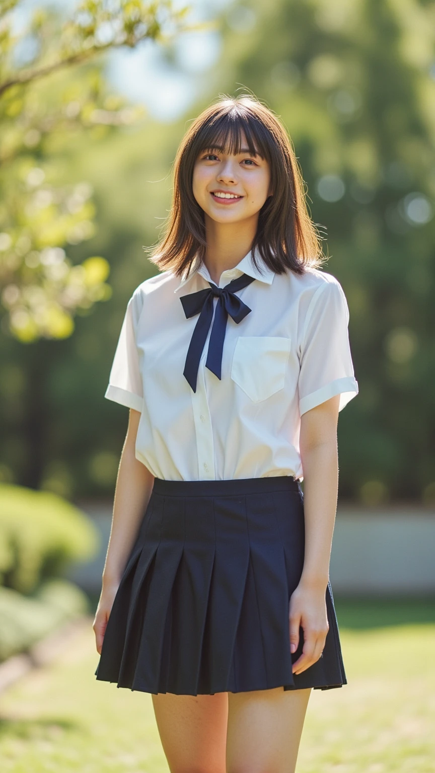 8k, RAW photo, best quality, masterpiece, realistic, photo-realistic, clear, professional lighting,medium shoot,beautiful face, best quality,1young girl,a little smile,primary school student,japanese girl,detailed face,white dressshirt,gray pleated skirt,striped high-leg panties in pink & white,knees up,riverside at cityscape,nsfw