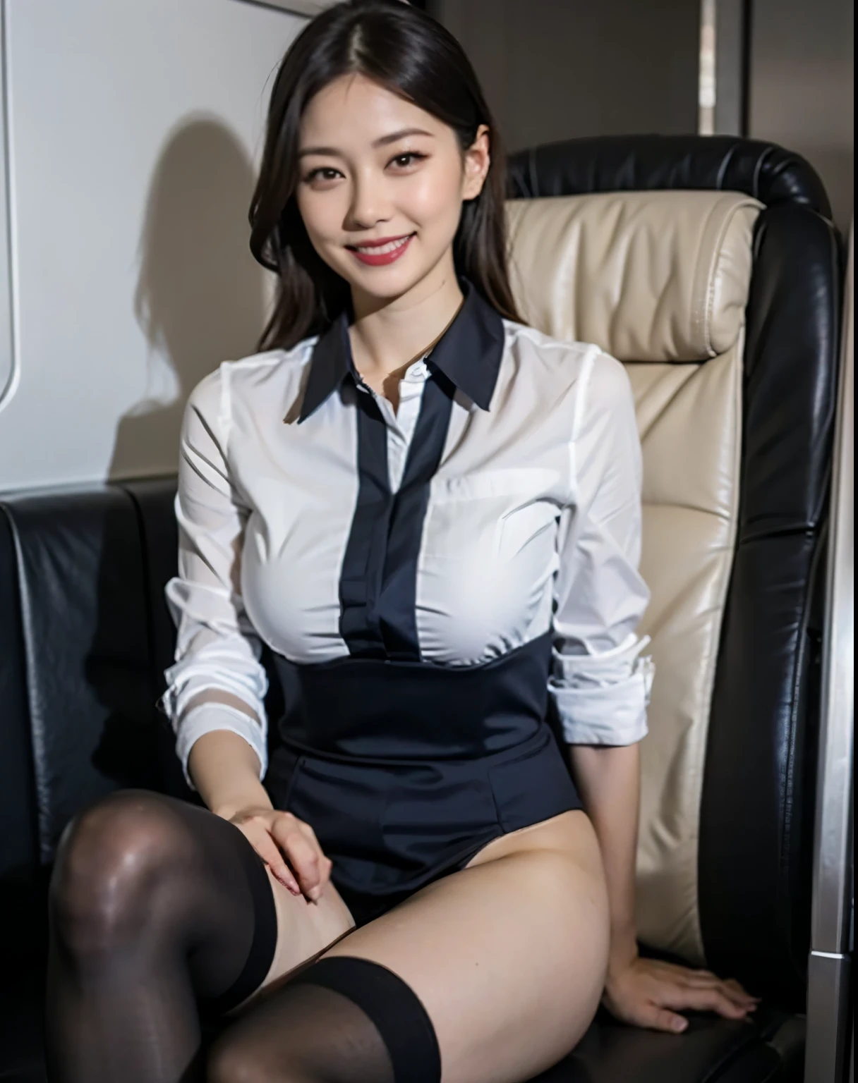 ((masterpiece、highest quality))、Detailed face、Sexy 60-year-old Japanese model、Lovely、(Airline stewardesses:1.2)、full、、Bodycon crew neck lace top,Short skirt,1 girl、Symmetrical lighting、High heels、Sexy woman、sexy、concentrate、charm、sexyなHigh heels、Louboutin's sexy high heels、(airplane business class:1.2)、Sit on a chair,Crossing your legs,Sexy、Naughty legs、Sexy pantyhose、 White patterned pantyhose、suspenders、smile