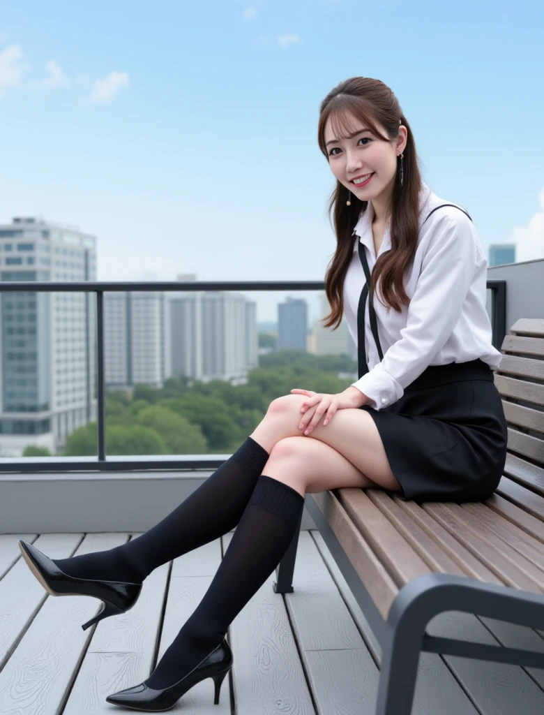 Ulzzang-6500-v1.1, (RAW Photos:1.2), (Realistic), (Genuine:1.4), １girl、Perfect ???????、Sit on the stairs、Full body photo、Looking into the camera、black tights、pumps、Knee-length skirt、Black Hair、smile、Plaid vest、、
