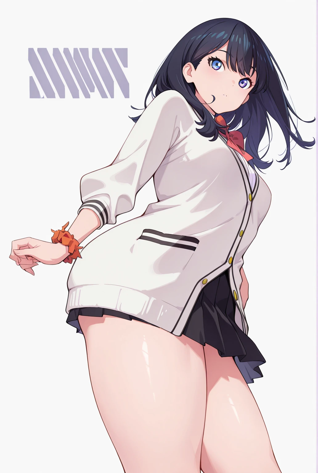 Top image quality、8K、ultra-detailliert、Top image quality、Baoduo Six Flowers、Monster in the background、is standing、Middle hair、Black hair、Light blue eyes、sixteen years old、1 girl in、scratching the scruff of the neck、a cold expression、Beautiful fece 、full body Esbian、Very thick thighs、Lustrous skin、Lustrous hair、large full breasts、Looked、校服、Short black skirt、White sweater、Bottom Angle、blue-sky、