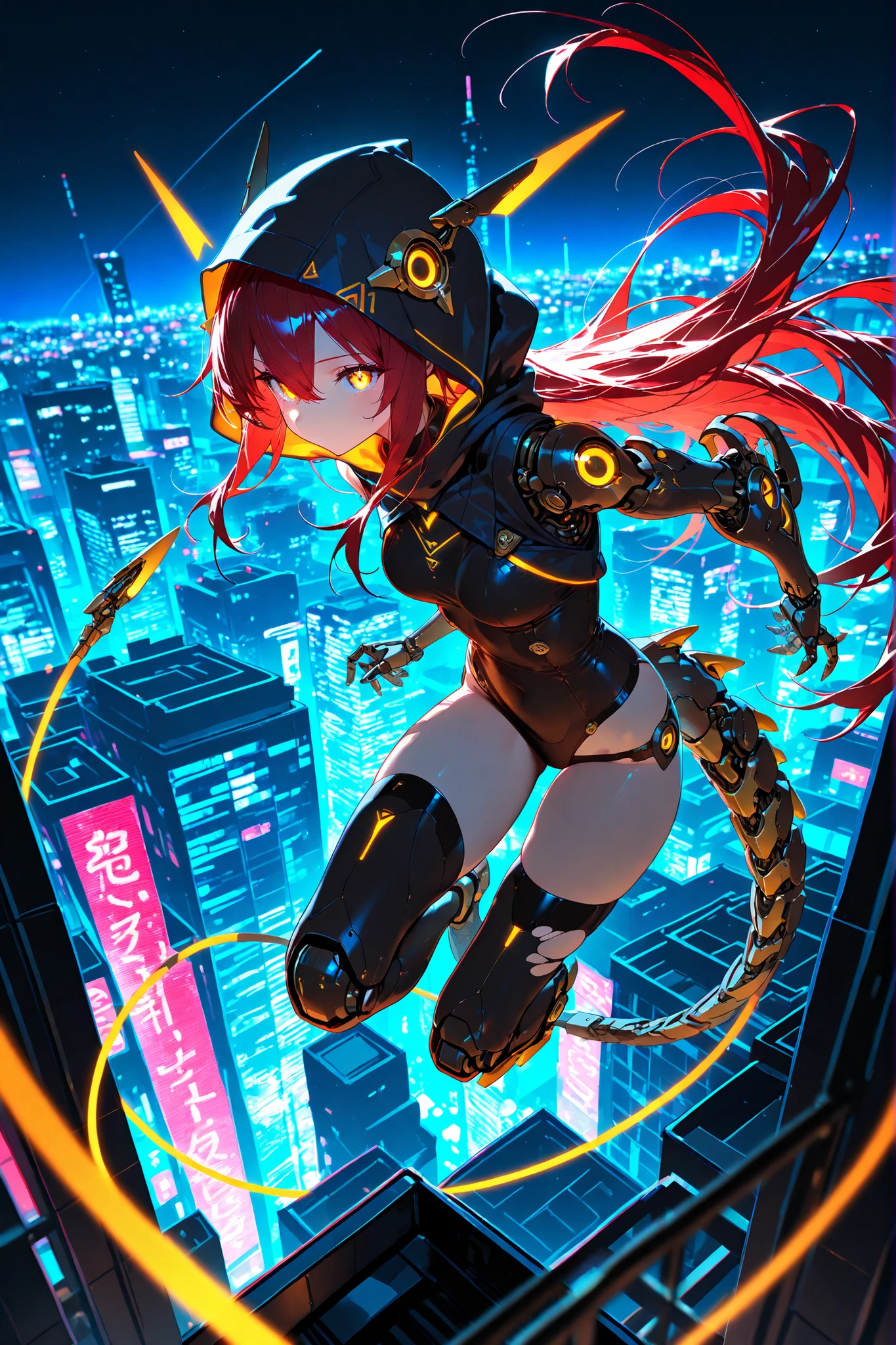 (EyesHD:1.2), masterpiece, 1 girl , golden eyes , very long hair , long sidelocks, red hair , petite , very cute , beautiful ,Straight hair, cool, handsome, hair between eyes, sexy, female, medium breasts, lovely, (cute face, kawaii, very cute), solo, mechanical tail, turquoise hair, glowing circuits, mechanical arm, mismatched arms, one mechanical claw, hand, hoodie, hood up, torn sleeve, leaping, midair, crouch, night, city, rooftop, jumping between rooftops, wide shot, best quality, ultra-detailed, very aesthetic, sharp focus, depth of field, vibrant colors, ray tracing, best lighting, detailed illustration, detailed background, cinematic, beautiful face, beautiful eyes, ,Hiori Light Art, Backlight