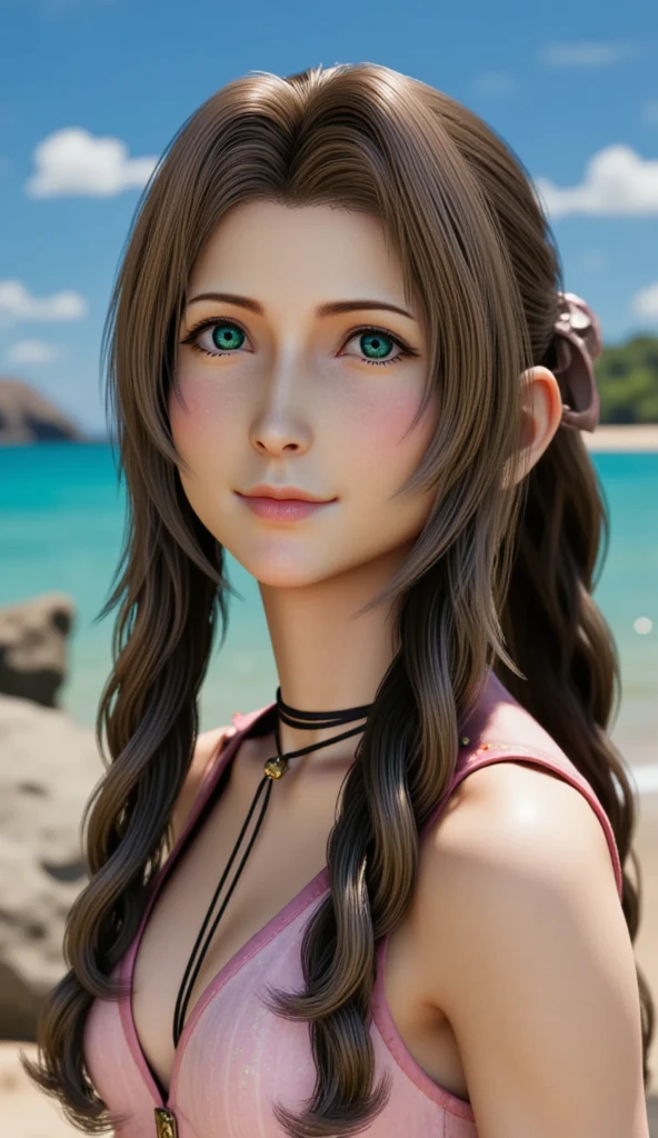 Aerith,FF7, Long Hair, bangs, Brown Hair, bow, ribbon, jewelry, Green Eyes, hair ピンクribbon, Braiding, hair bow, Side Lock, choker, necklace, lips, parted bangs, pink bow, Portraiture, Realistic,Super high quality,high quality,masterpiece,Digital SLR,Detailed explanation,Exquisite details,Anatomical basis,Detailed Description,Detailed face,Realistic skin texture,Sharp details,Perfect Anatomy,Perfect Anatomy,Anatomically correct hand,Anatomically correct fingers,Super Detail,Complex 3D rendering,Sexy pose,The beautiful world of Final Fantasy 7,Pink ruffled swimsuit,Wet,Beautiful blue sky,Beautiful beaches,Fantastic beaches,shooting star,Fantasy worldview,Picturesque,Pink Lips,smile,Brighten up your expression,