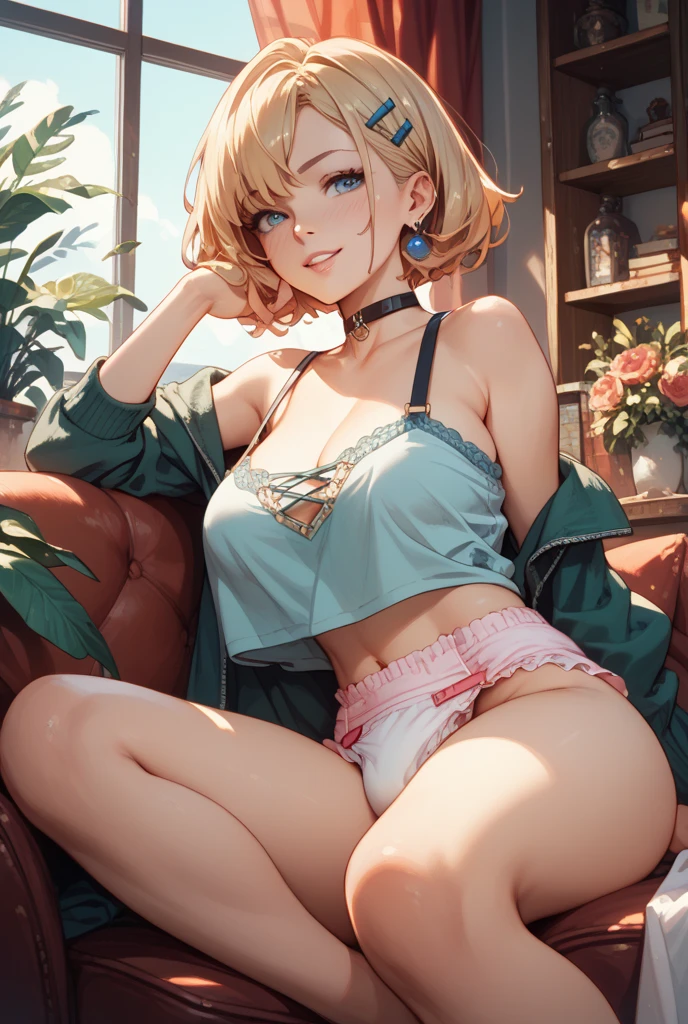 Masterpiece, 8k quality, extremely detailed, one girl, (extremely short hair), (fade haircut), (black hair with blonde highlights), (very curly hair), green eyes, dark skin, small breast small chest, thick thighs, (tank top), (panties), perfect belly, bedroom background
