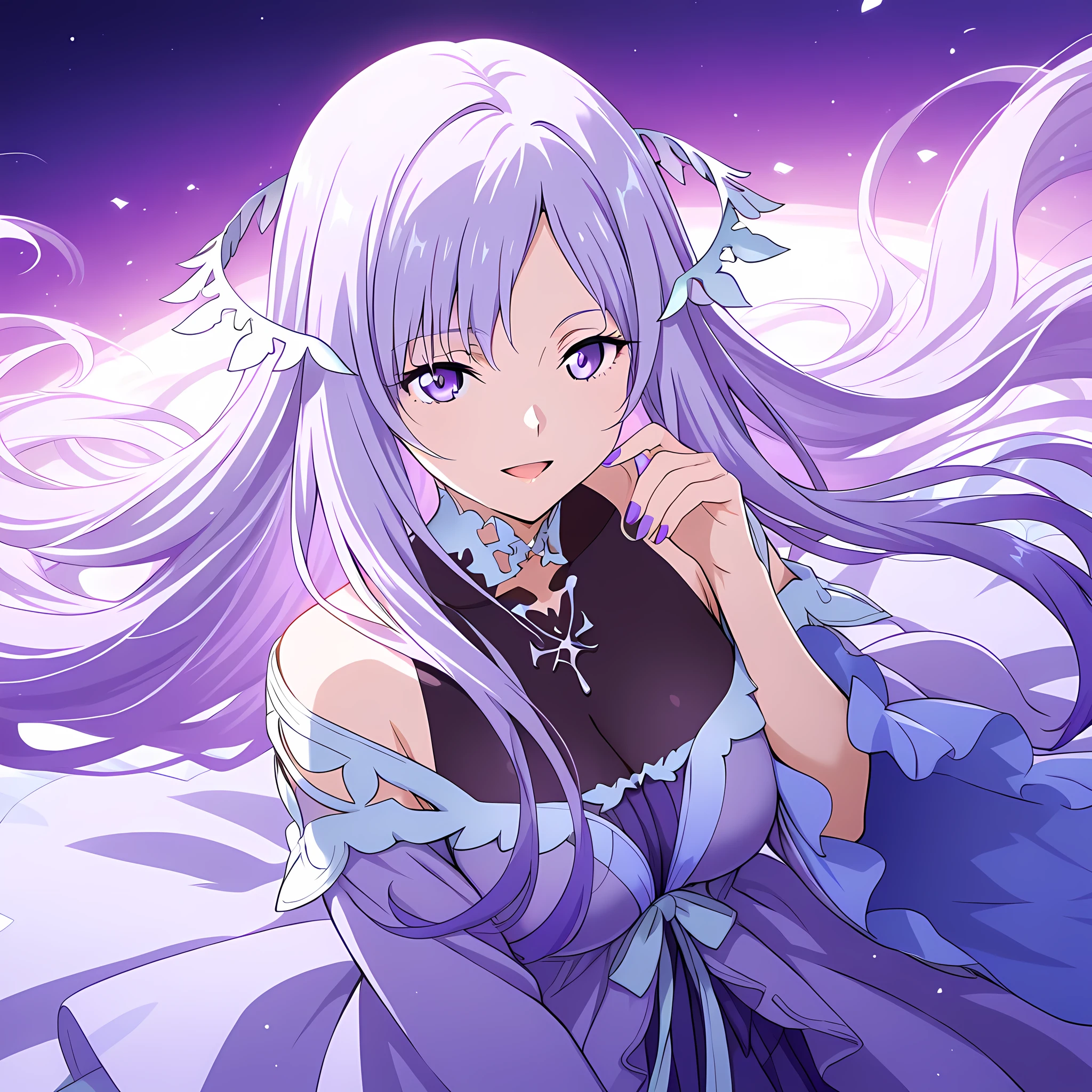 (masterpiece),(best quality),(highly detailed),(best illustration),( is the best shadow),(absurdress),(detailed background),(very aesthetic), anime coloring, quinella, 1girl, One, long hair, very long hair, purple hair, purple eyes, smile, dress, looks at the viewer, purple dress, stoppable upper body, necklace, nail polish, open mouth, purple nails, floating hair, black latex bodysuit