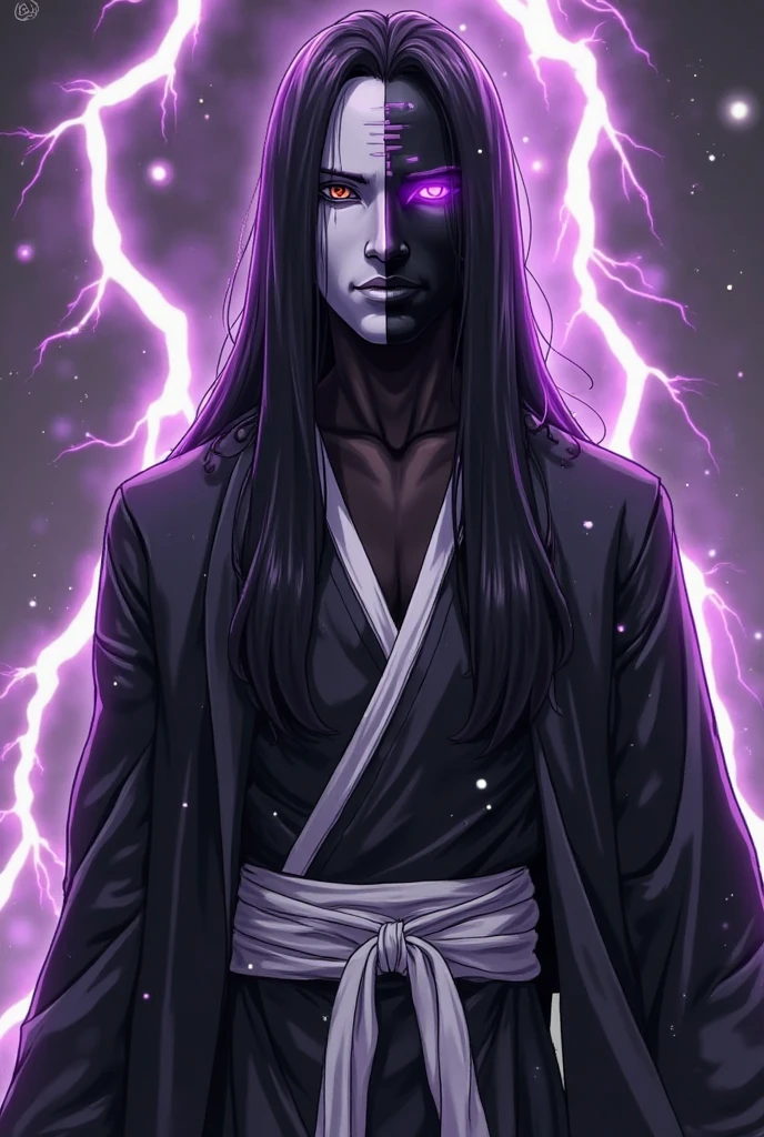 Create for me a samurai with a purple aura and purple rays around him with a white mask full of scars on his body and long hair.
