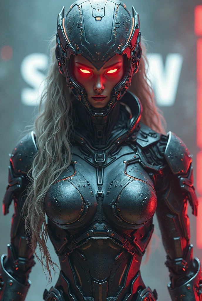 Realistic, perfect masterpiece, high quality, high resolution, highest image quality, 8k hd. 1girl, Long white-silver hair, red eyes, glowing eyes, . Cybernetic suit, masks. Night, moon, destuction on the background. Highly detailed background