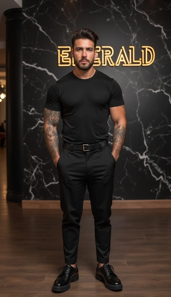 best quality, masterpiece, full body shot, marcomedina person , standing, swat vest, swat uniform, shirtless, 8k UHD, realistic skin, high definition, cinematic, movie scene, CANON REBEL EOS, soft lighting, perfect lighting <lora:marcomedina_6020:1>
