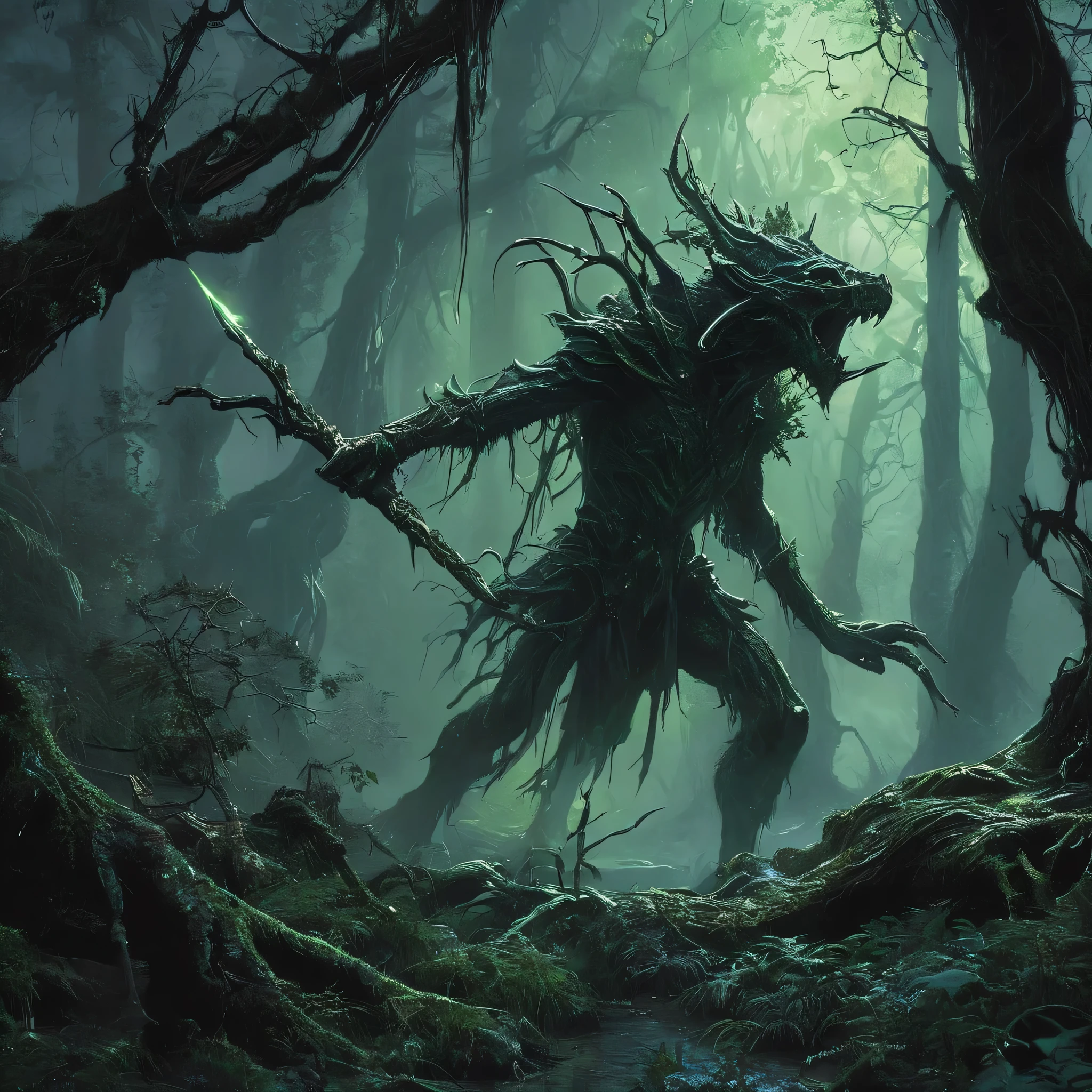 "A lone elf with unnaturally long, clawed fingers strides quietly through a dark, twisted forest. His slender, angular figure is cloaked in shadow, and his sharp, predatory posture is emphasized by the long, menacing claws extending from his hands. His eyes glow faintly, a cold and piercing light that contrasts with the dense, eerie woods around him.
The forest is filled with ancient trees with gnarled roots and twisted branches that seem to reach out like skeletal fingers. Mist clings low to the ground, and shafts of moonlight break through the canopy, casting haunting, fractured light on the elf’s path. His armor is dark and worn, adorned with scraps of leather and metal, blending him seamlessly into the forest shadows, yet a hint of otherworldly energy emanates from his presence.
Rendered in Frank Frazetta’s intense, shadow-rich style, the scene exudes an atmosphere of danger and mystery, with dramatic contrasts of light and shadow highlighting the elf’s haunting, predatory grace as he moves silently through the dark, ancient woods."
