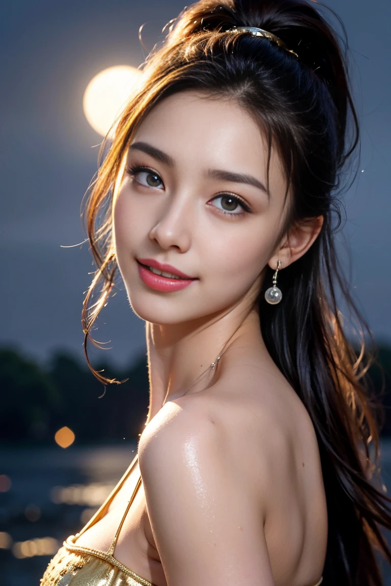 Body portrait, 8K, thin and beautiful eyes, Dindal effect, masterpiece, top quality, high quality, high resolution, very detailed photo, (natural skin texture, fine skin, hyper realism, super sharpness), high detail skin, (very fine) ), fine skin texture, fine detail, beautiful face, (realistic face), realistic eyes, beautiful and detailed eyes, realistic skin, beautiful skin, surreal, high definition Golden ratio, double eyelids, cute smile, smiling, bursting with laughter, smiling eyes, ((moonlight background at night)) ), body portrait, G cup, big breasts, big breasts, big breasts, glamorous, sexy knit dress,