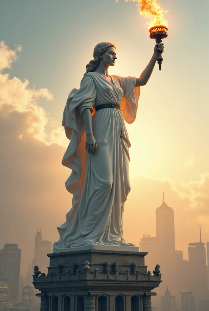 (photorealism:1.2), Statue of a woman representing justice, that one of his hands is on his face lifting a blindfold that covers his eyes and with the other lifting a torch, that said woman is on a rock, White background, High Definition