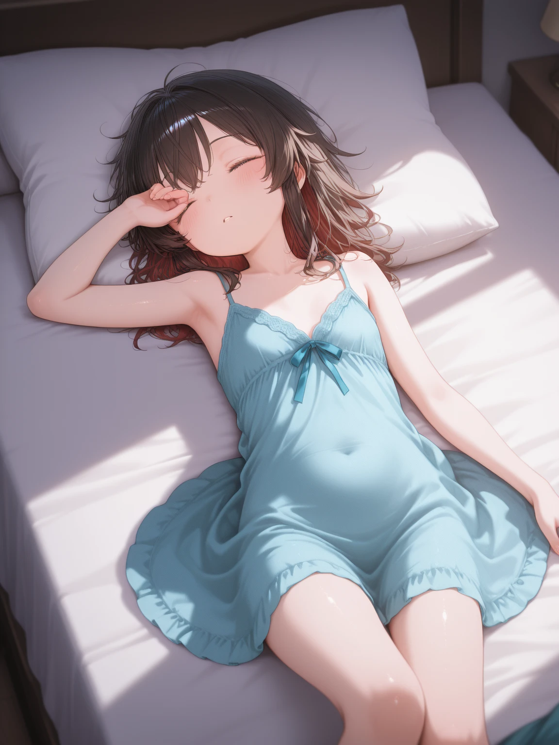 (tmasterpiece,Best quality at best,absurd res),((midynight,best qualtiy,8k,tmasterpiece:1.3),Pregnant ,White transparent swimsuit,Lie flat on the floor,legs spread open,inner thighs,drenched all over the body --auto