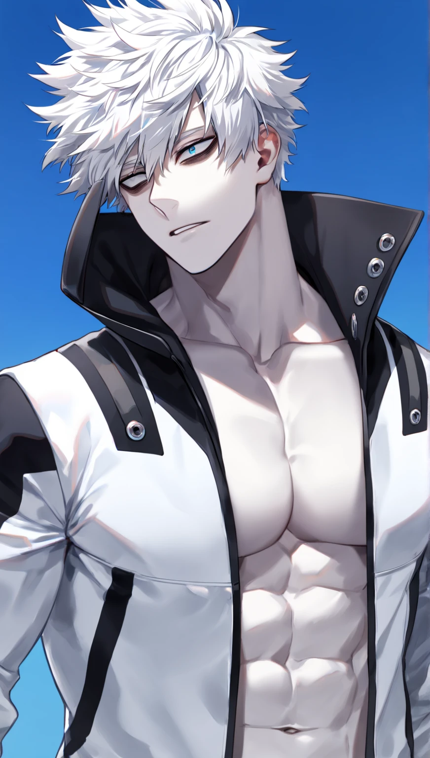 score_9, score_8_up, score_7_up, source_anime, 1boy,  solo, whitesmith-ro, open clothes, fur trimmed shirt, belt, suspenders, sleeveless, white hair, yellow eyes, eyepatch <lora:whitesmith-pdxl-dora:1>